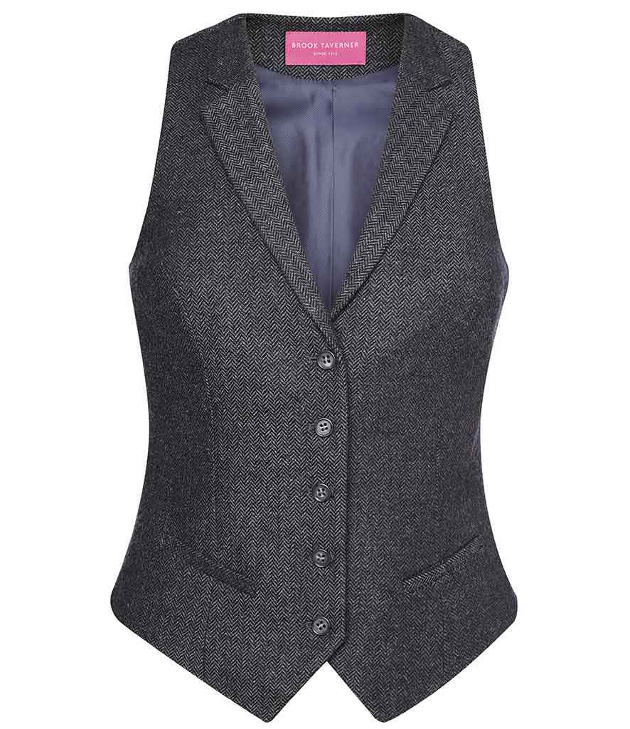 Brook Taverner Ladies Nashville Waistcoat in Charcoal Herringbone by Brook Taverner — Custom branded clothing by Print Press, featuring premium embroidery produced in our specialist print lab in the UK.