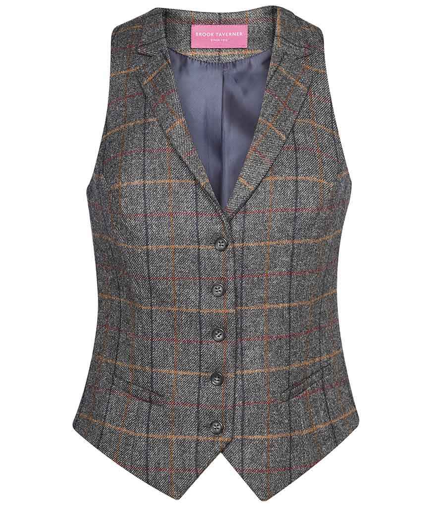 Brook Taverner Ladies Nashville Waistcoat in Grey Brown Check by Brook Taverner — Custom branded clothing by Print Press, featuring premium embroidery produced in our specialist print lab in the UK.