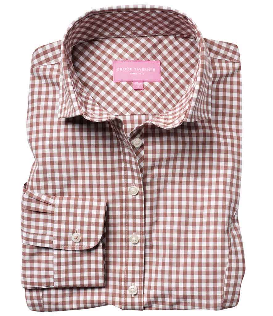 Brook Taverner Ladies Kansas Gingham Long Sleeve Shirt in Brown by Brook Taverner — Custom branded clothing by Print Press, featuring premium embroidery produced in our specialist print lab in the UK.