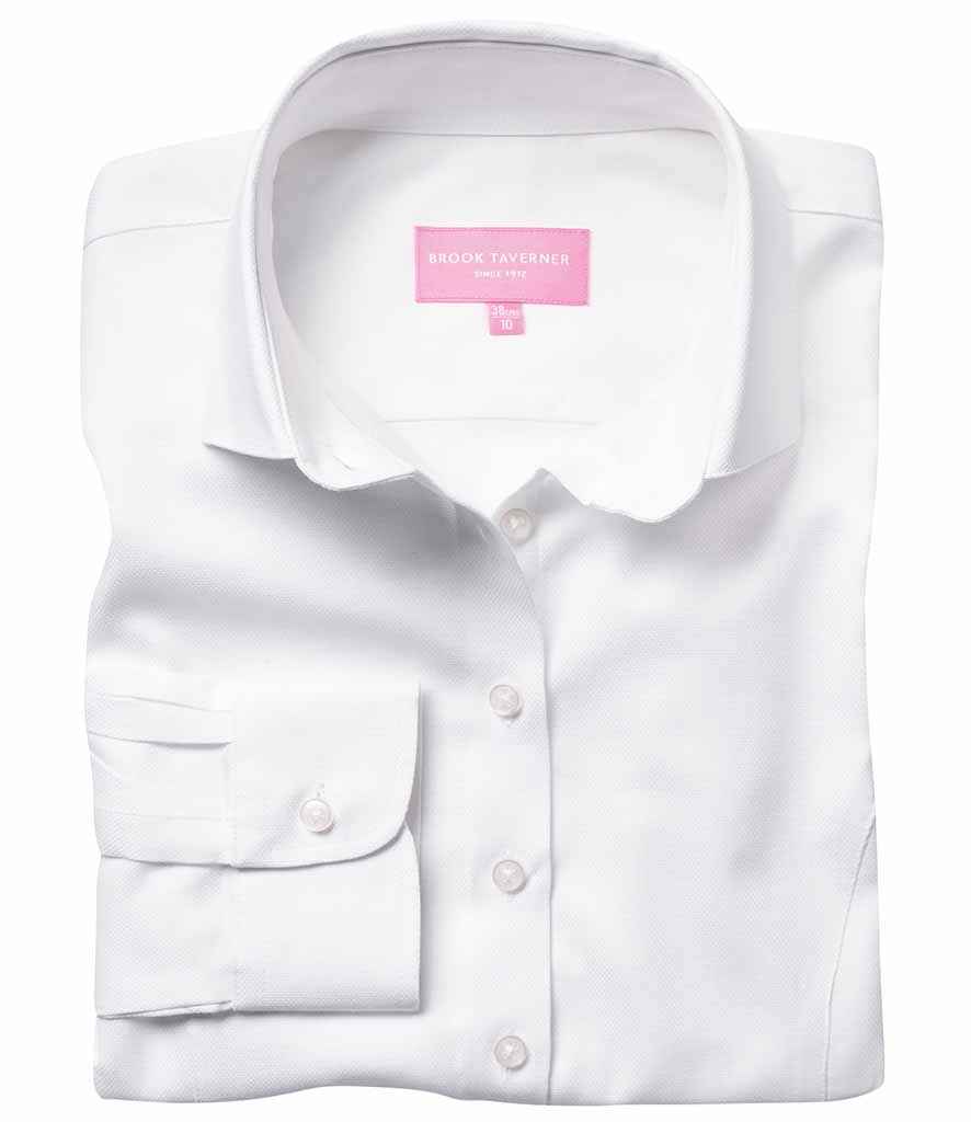 Brook Taverner Ladies Aspen Long Sleeve Oxford Shirt in White by Brook Taverner — Custom branded clothing by Print Press, featuring premium embroidery produced in our specialist print lab in the UK.