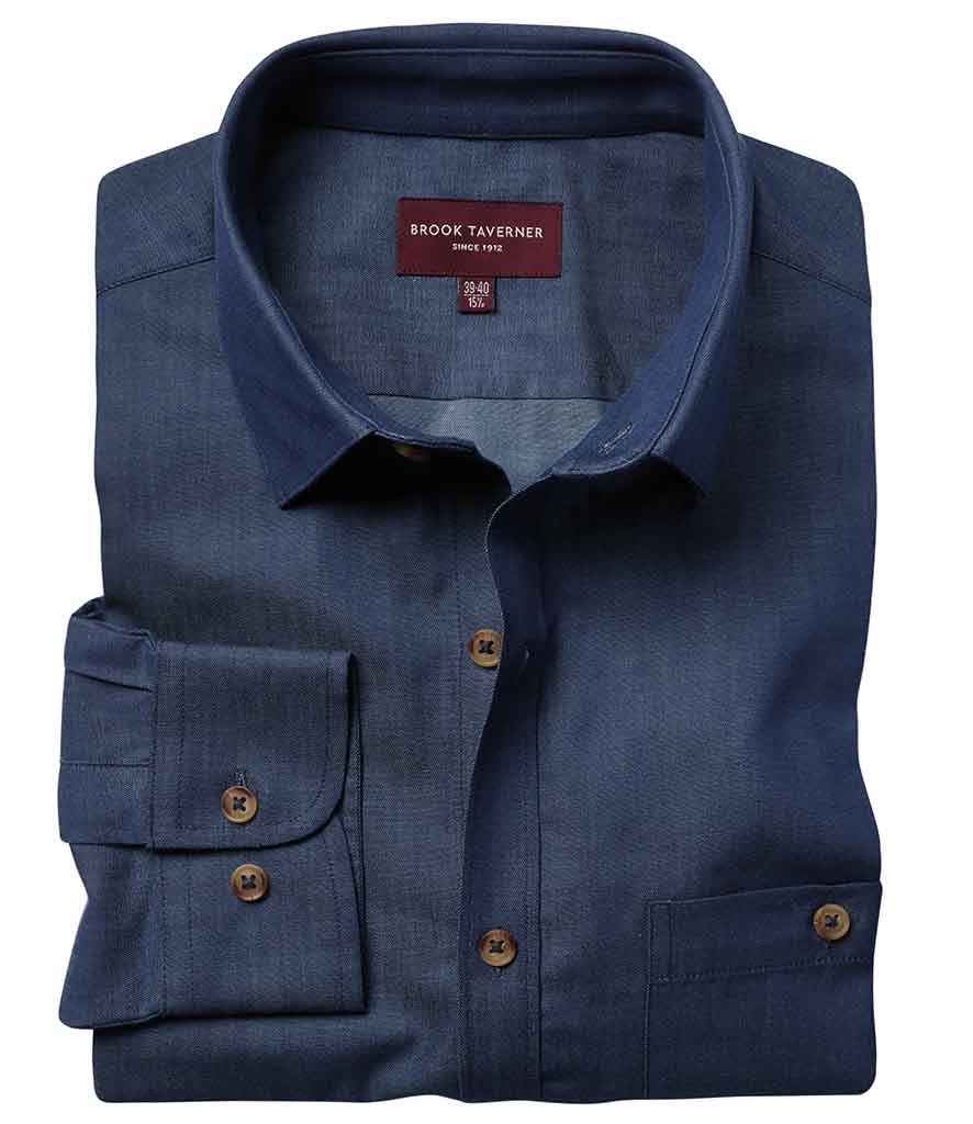 Brook Taverner Jasper Long Sleeve Chambray Shirt in by Brook Taverner — Custom branded clothing by Print Press, featuring premium embroidery produced in our specialist print lab in the UK.
