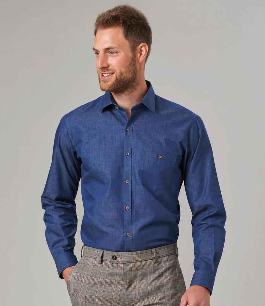 Brook Taverner Jasper Long Sleeve Chambray Shirt in Denim by Brook Taverner — Custom branded clothing by Print Press, featuring premium embroidery produced in our specialist print lab in the UK.