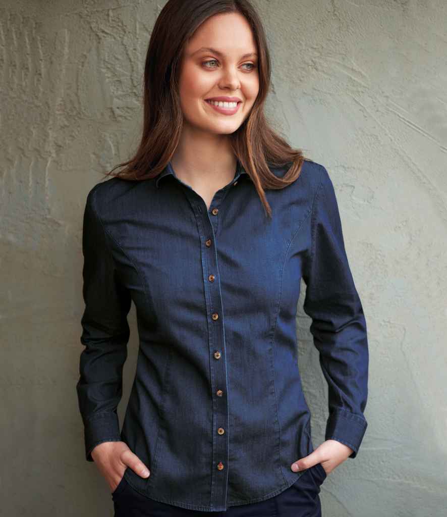 Brook Taverner Ladies Banff Long Sleeve Chambray Shirt in Denim by Brook Taverner — Custom branded clothing by Print Press, featuring premium embroidery produced in our specialist print lab in the UK.