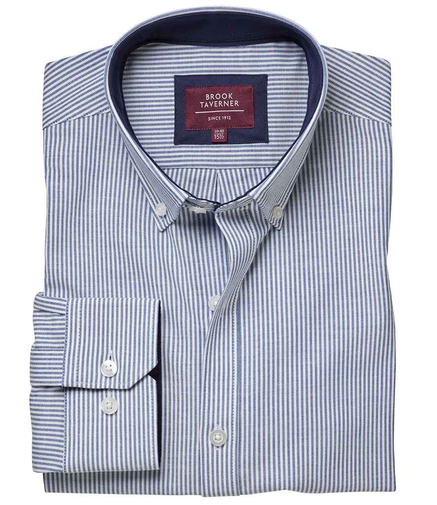 Brook Taverner Lawrence Long Shirt Stretch Oxford Shirt in Navy Stripe by Brook Taverner — Custom branded clothing by Print Press, featuring premium embroidery produced in our specialist print lab in the UK.