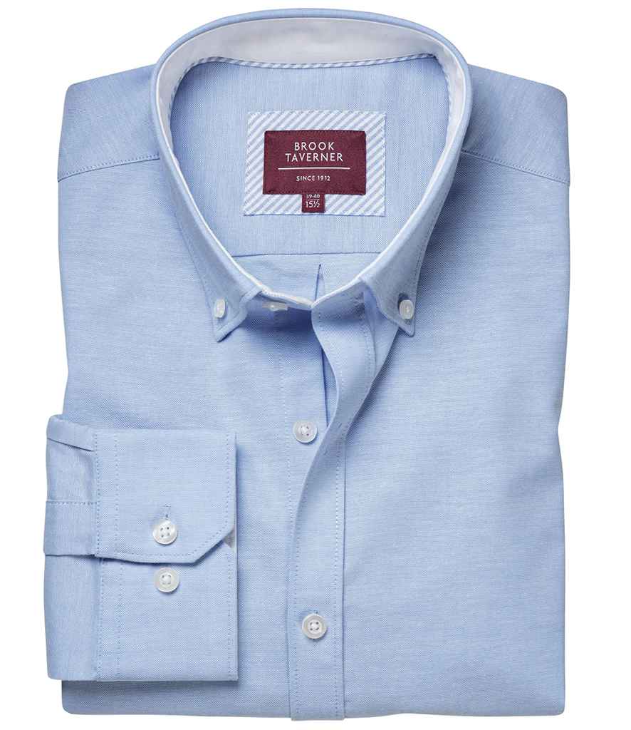Brook Taverner Lawrence Long Shirt Stretch Oxford Shirt in Sky Blue by Brook Taverner — Custom branded clothing by Print Press, featuring premium embroidery produced in our specialist print lab in the UK.
