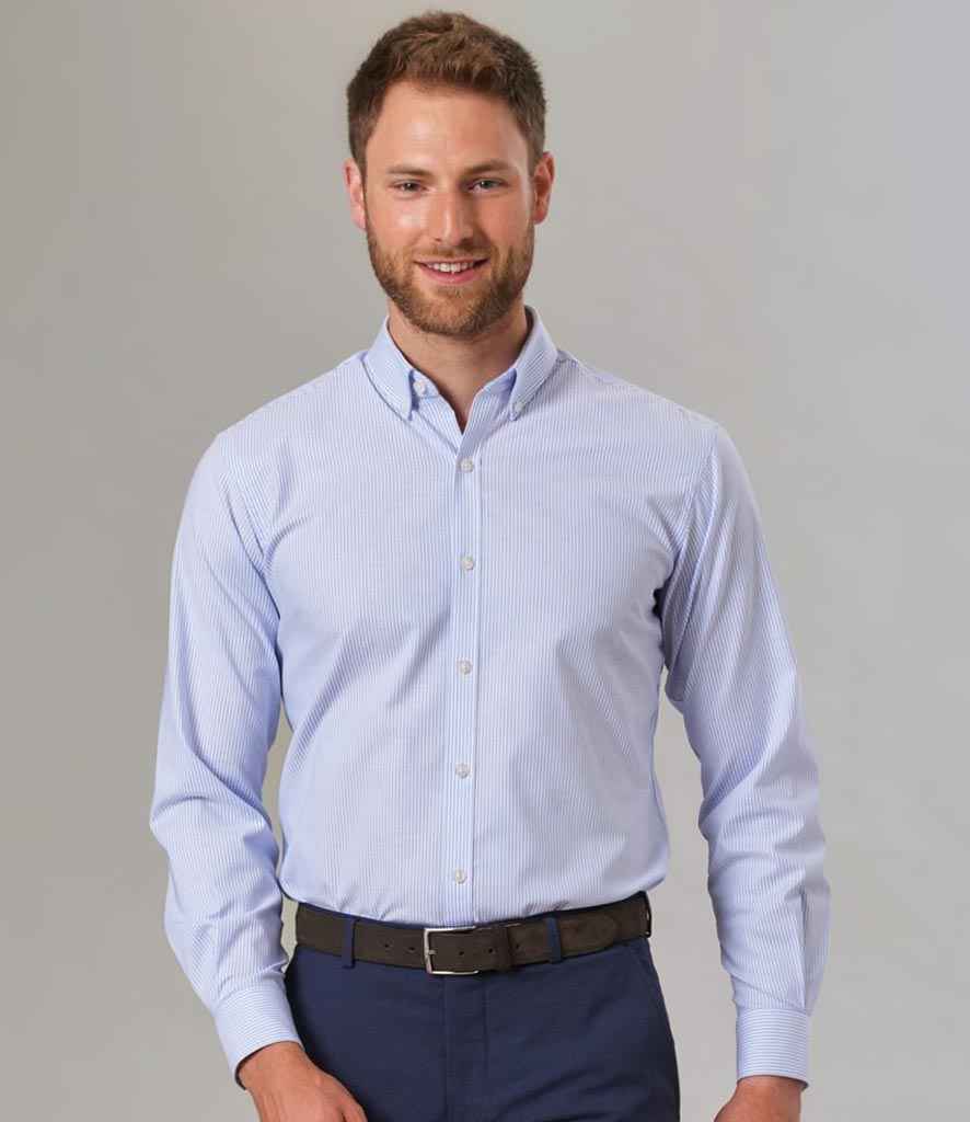 Brook Taverner Lawrence Long Shirt Stretch Oxford Shirt in Sky Blue Stripe by Brook Taverner — Custom branded clothing by Print Press, featuring premium embroidery produced in our specialist print lab in the UK.