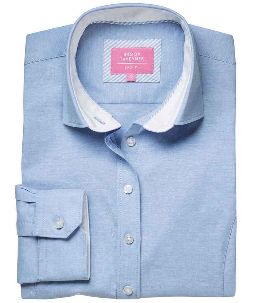 Brook Taverner Ladies Mirabel Long Sleeve Stretch Oxford Shirt in Sky Blue by Brook Taverner — Custom branded clothing by Print Press, featuring premium embroidery produced in our specialist print lab in the UK.