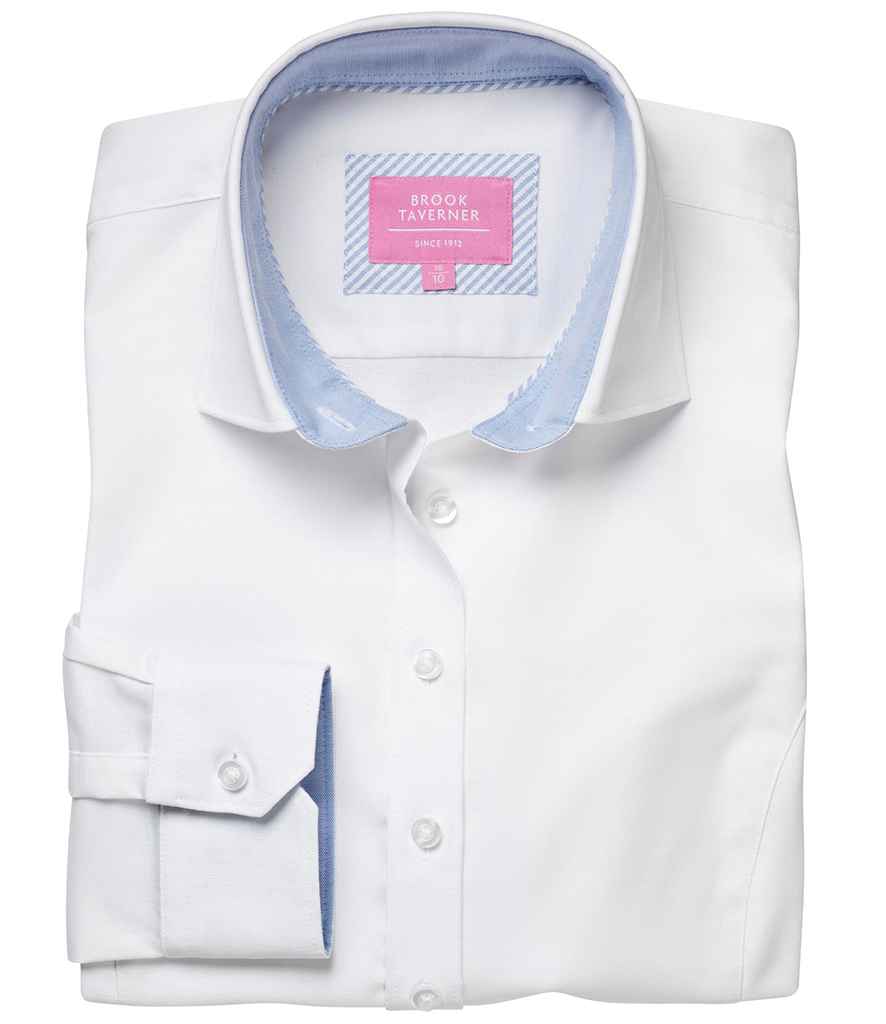 Brook Taverner Ladies Mirabel Long Sleeve Stretch Oxford Shirt in White by Brook Taverner — Custom branded clothing by Print Press, featuring premium embroidery produced in our specialist print lab in the UK.