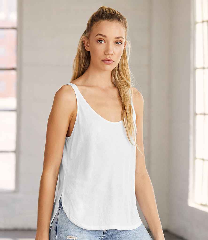 Bella Ladies Flowy Side Slit Tank Top in White by Bella+Canvas — Custom branded clothing by Print Press, featuring premium embroidery produced in our specialist print lab in the UK.