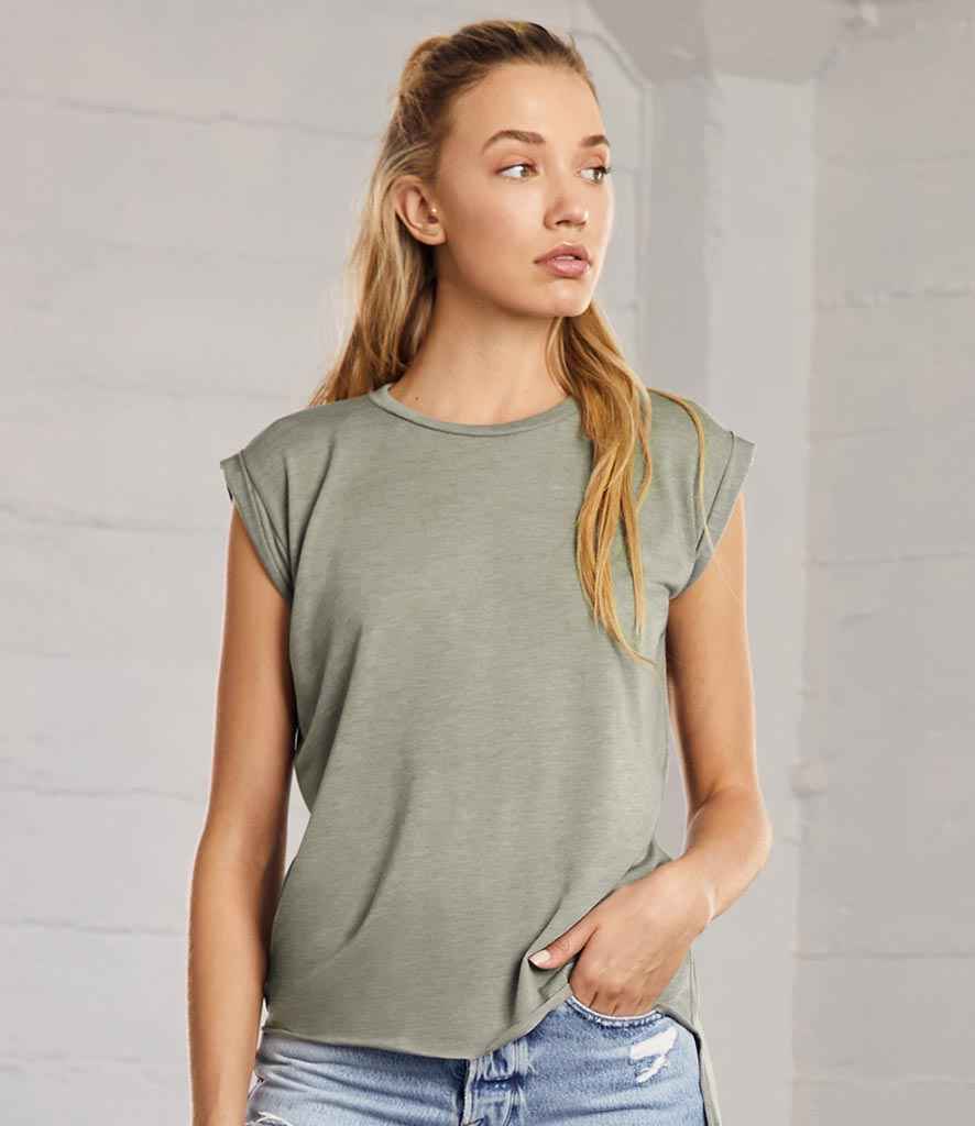 Bella Ladies Flowy Rolled Cuff Muscle T-Shirt in Heather Olive by Bella+Canvas — Custom branded clothing by Print Press, featuring premium embroidery produced in our specialist print lab in the UK.