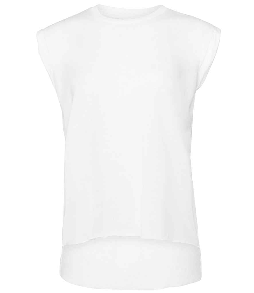 Bella Ladies Flowy Rolled Cuff Muscle T-Shirt in White by Bella+Canvas — Custom branded clothing by Print Press, featuring premium embroidery produced in our specialist print lab in the UK.