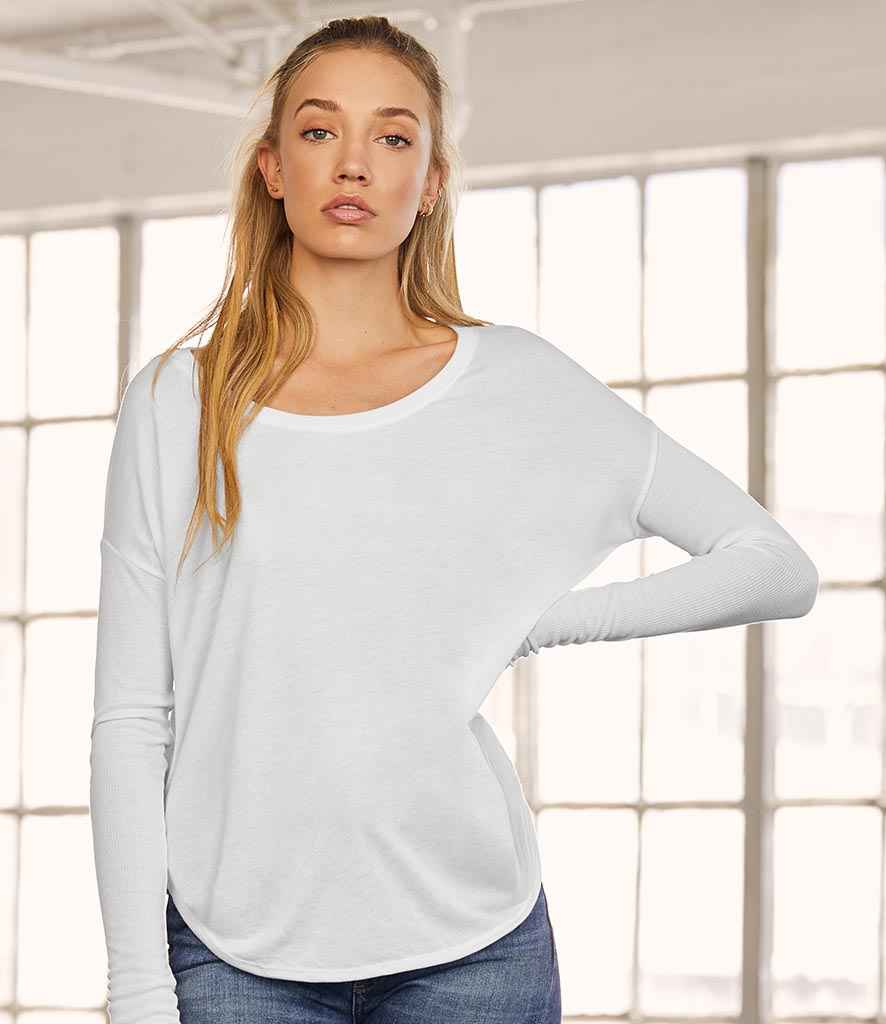 Bella Ladies Flowy 2x1 Long Sleeve T-Shirt in White by Bella+Canvas — Custom branded clothing by Print Press, featuring premium embroidery produced in our specialist print lab in the UK.