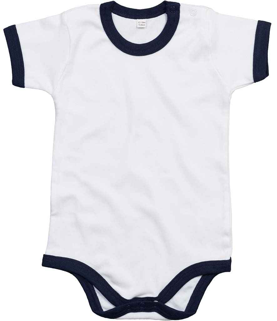 BabyBugz Baby Ringer Bodysuit in White Navy by Babybugz — Custom branded clothing by Print Press, featuring premium embroidery produced in our specialist print lab in the UK.