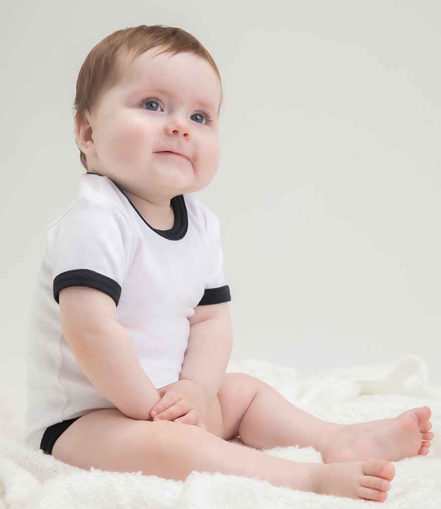 BabyBugz Baby Ringer Bodysuit in White Black by Babybugz — Custom branded clothing by Print Press, featuring premium embroidery produced in our specialist print lab in the UK.