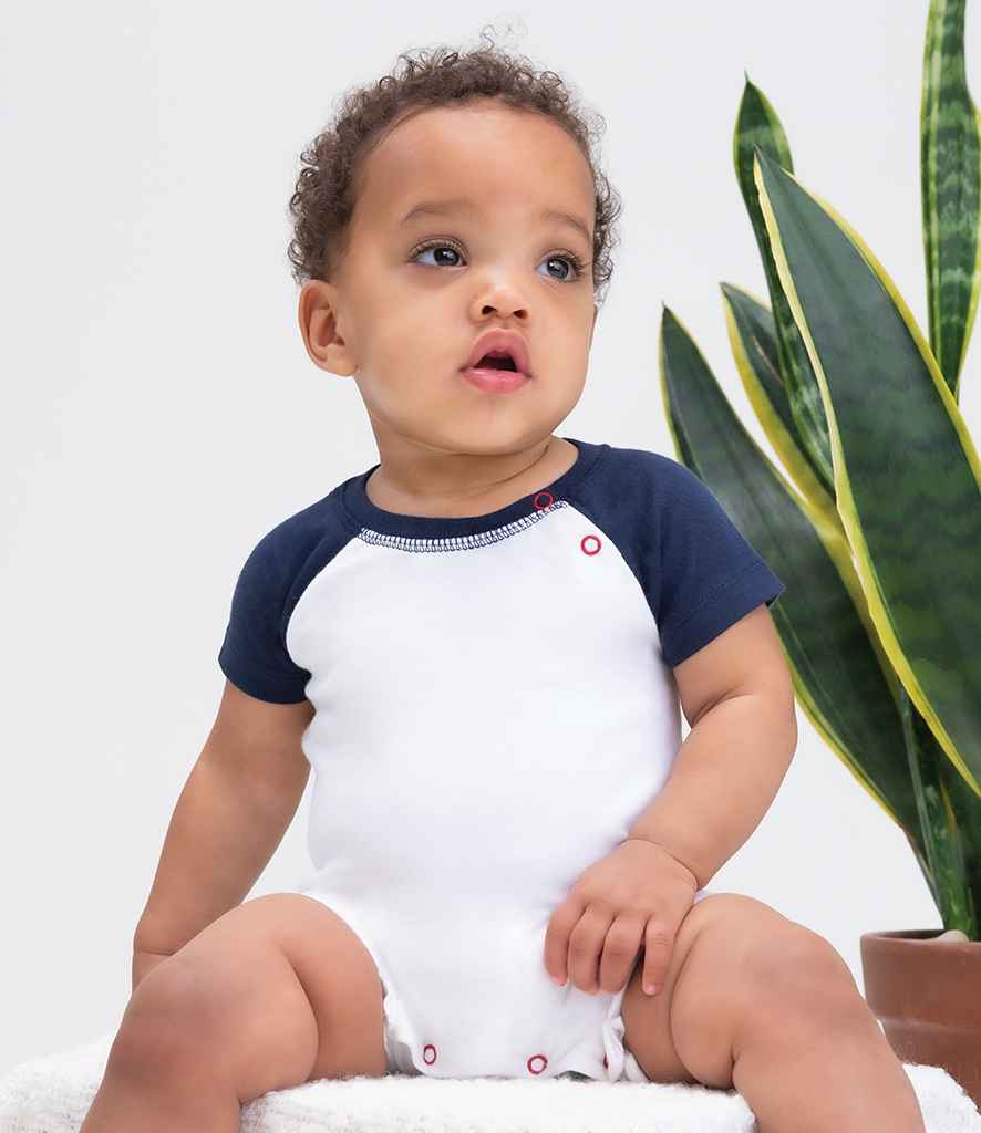 BabyBugz Baby Baseball Playsuit in White Navy by Babybugz — Custom branded clothing by Print Press, featuring premium embroidery produced in our specialist print lab in the UK.