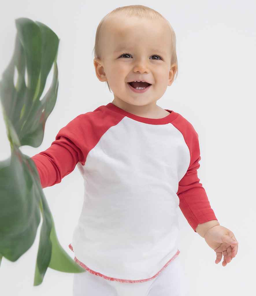 BabyBugz Baby Long Sleeve Baseball T-Shirt in White Warm Red by Babybugz — Custom branded clothing by Print Press, featuring premium embroidery produced in our specialist print lab in the UK.
