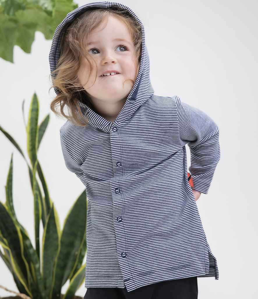BabyBugz Baby Striped Hooded T-Shirt in White Nautical Navy by Babybugz — Custom branded clothing by Print Press, featuring premium embroidery produced in our specialist print lab in the UK.
