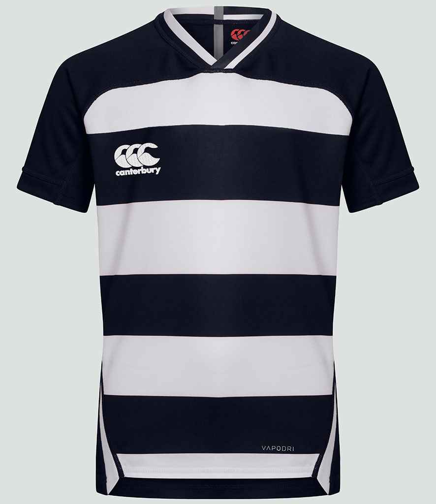Canterbury Evader Hooped Jersey in Navy White by Canterbury — Custom branded clothing by Print Press, featuring premium embroidery produced in our specialist print lab in the UK.