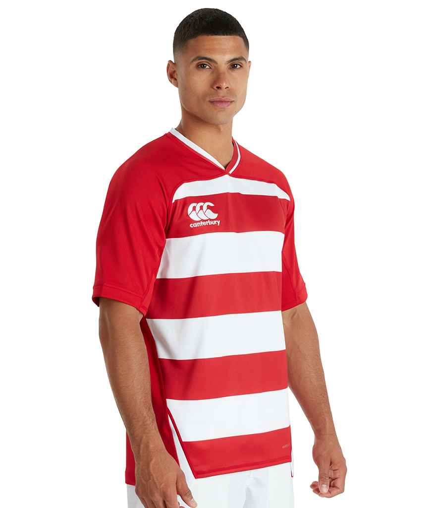 Canterbury Evader Hooped Jersey in Red White by Canterbury — Custom branded clothing by Print Press, featuring premium embroidery produced in our specialist print lab in the UK.