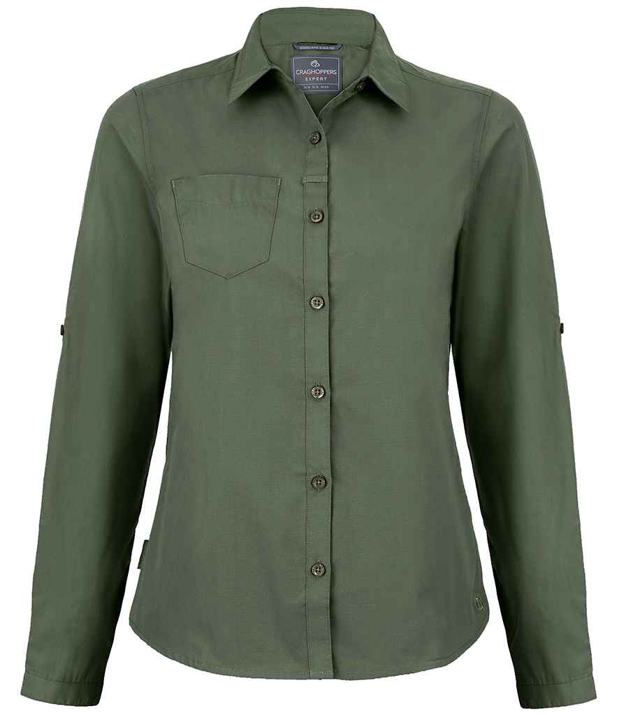 Craghoppers Expert Ladies Kiwi Long Sleeve Shirt in Dark Cedar Green by Craghoppers — Custom branded clothing by Print Press, featuring premium embroidery produced in our specialist print lab in the UK.
