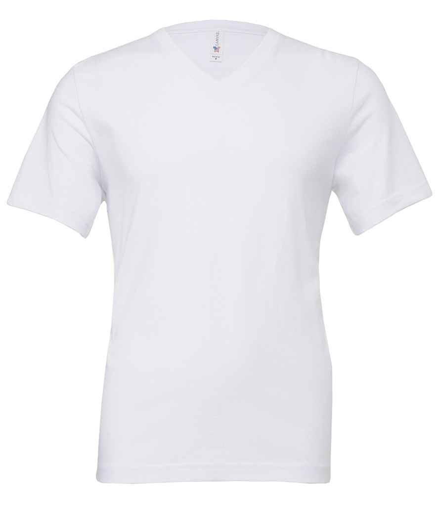 Canvas Unisex Jersey V Neck T-Shirt in White by Bella+Canvas — Custom branded clothing by Print Press, featuring premium embroidery produced in our specialist print lab in the UK.