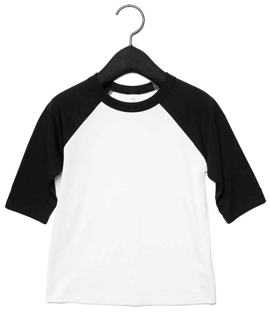 Canvas Toddler 3/4 Sleeve Baseball T-Shirt in White Black by Bella+Canvas — Custom branded clothing by Print Press, featuring premium embroidery produced in our specialist print lab in the UK.