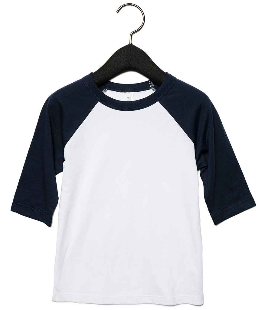 Canvas Toddler 3/4 Sleeve Baseball T-Shirt in White Navy by Bella+Canvas — Custom branded clothing by Print Press, featuring premium embroidery produced in our specialist print lab in the UK.