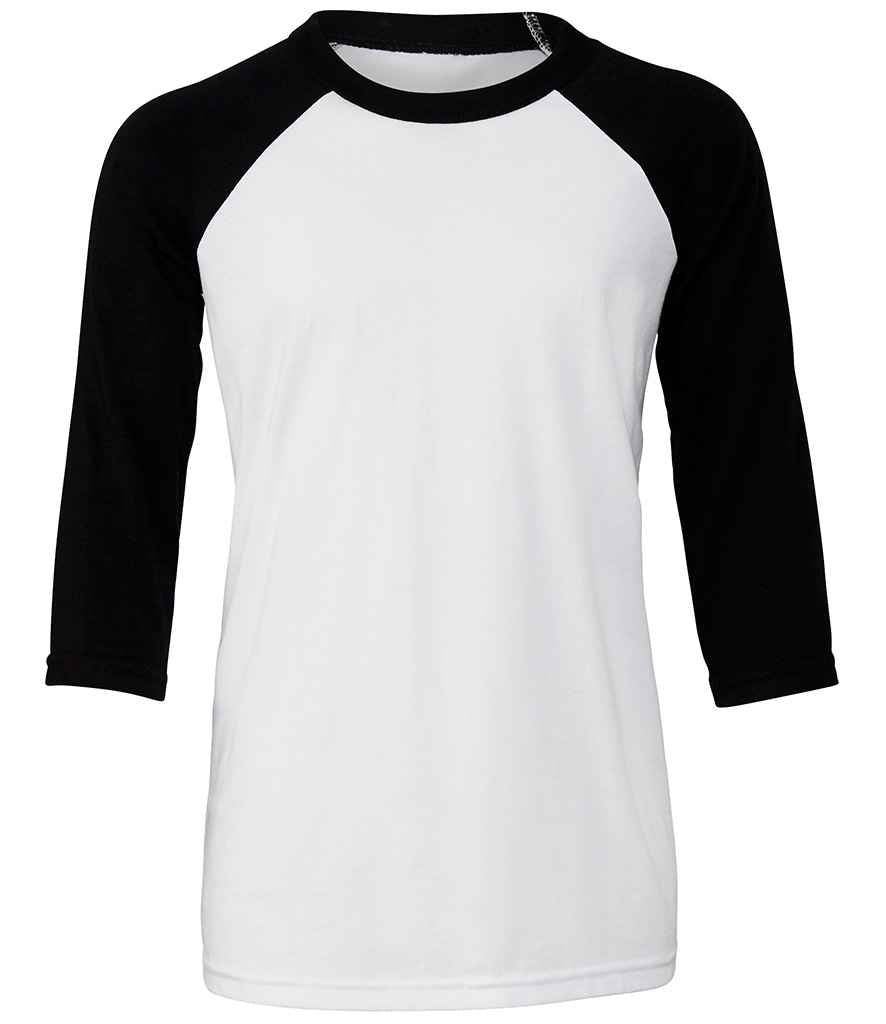 Canvas Youths 3/4 Sleeve Baseball T-Shirt in White Black by Bella+Canvas — Custom branded clothing by Print Press, featuring premium embroidery produced in our specialist print lab in the UK.