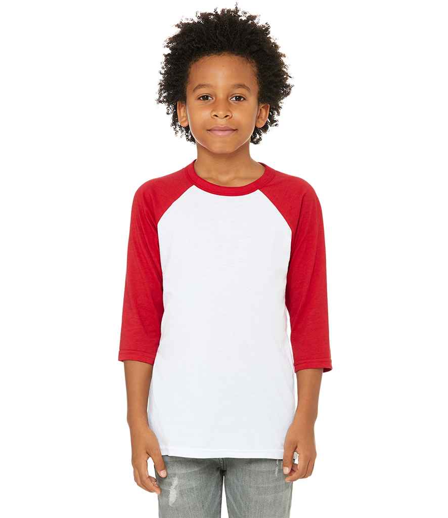 Canvas Youths 3/4 Sleeve Baseball T-Shirt in White Red by Bella+Canvas — Custom branded clothing by Print Press, featuring premium embroidery produced in our specialist print lab in the UK.