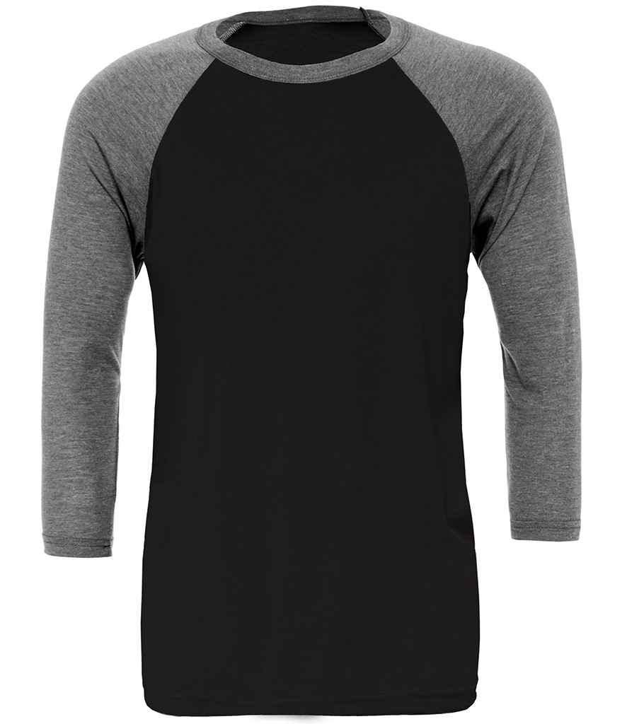 Canvas Unisex 3/4 Sleeve Baseball T-Shirt in Black Deep Heather by Bella+Canvas — Custom branded clothing by Print Press, featuring premium embroidery produced in our specialist print lab in the UK.