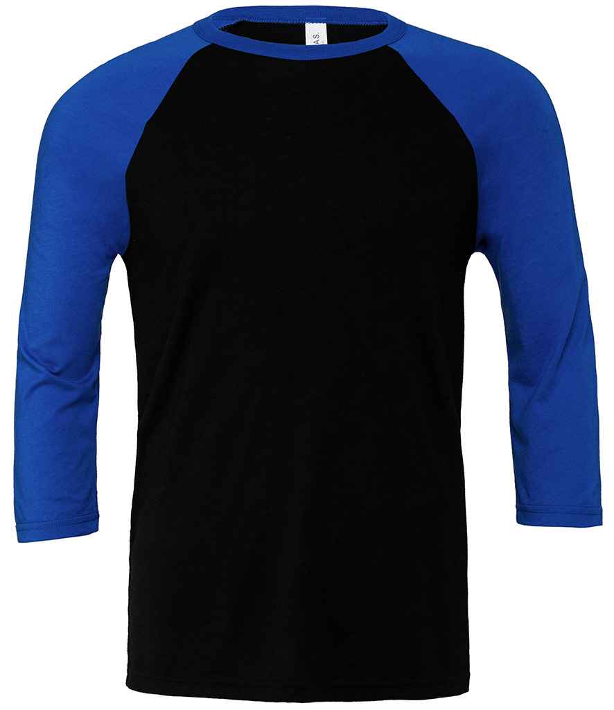 Canvas Unisex 3/4 Sleeve Baseball T-Shirt in Black Royal Blue by Bella+Canvas — Custom branded clothing by Print Press, featuring premium embroidery produced in our specialist print lab in the UK.
