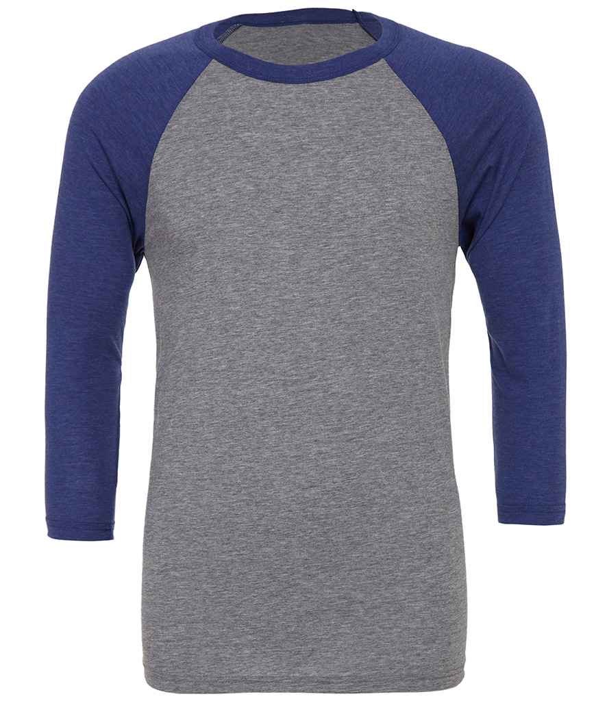 Canvas Unisex 3/4 Sleeve Baseball T-Shirt in Grey Navy Tri-Blend by Bella+Canvas — Custom branded clothing by Print Press, featuring premium embroidery produced in our specialist print lab in the UK.