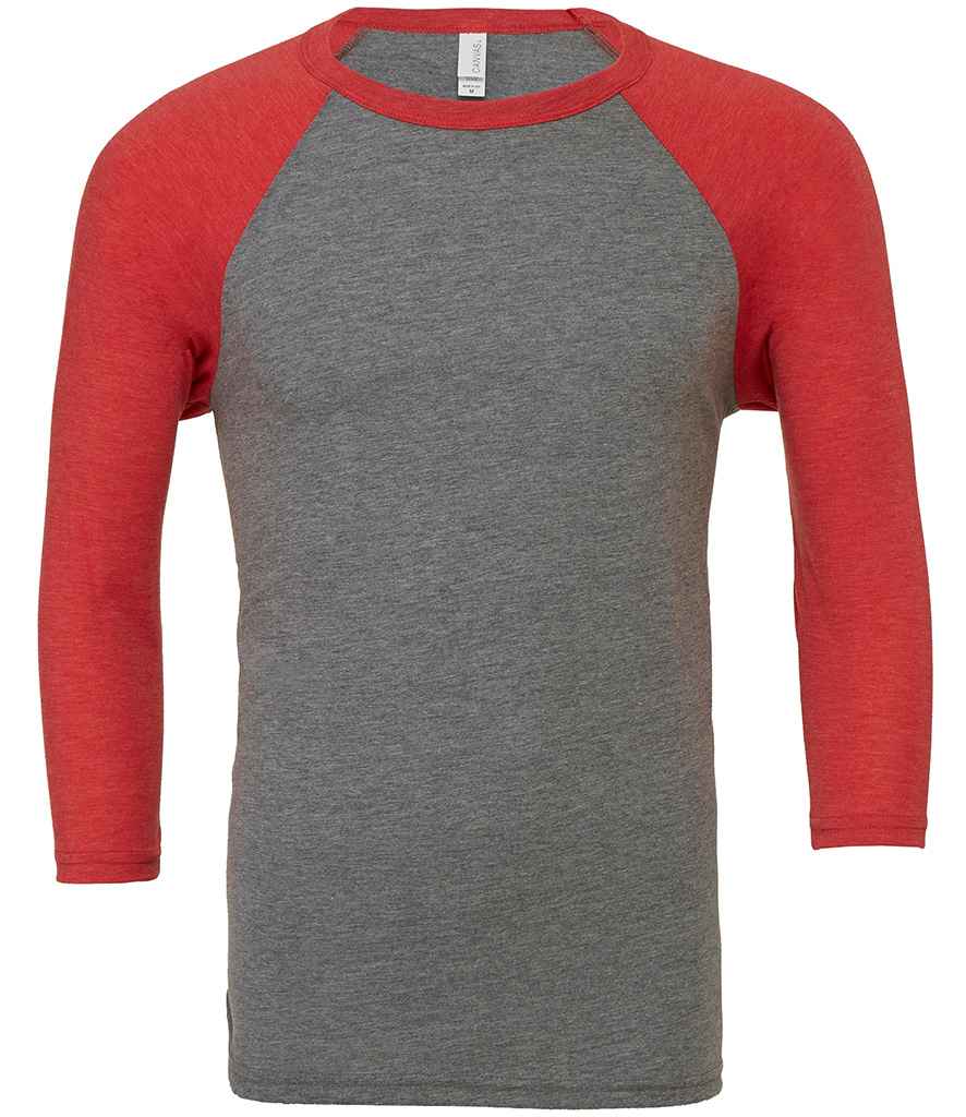 Canvas Unisex 3/4 Sleeve Baseball T-Shirt in Grey Red Tri-Blend by Bella+Canvas — Custom branded clothing by Print Press, featuring premium embroidery produced in our specialist print lab in the UK.