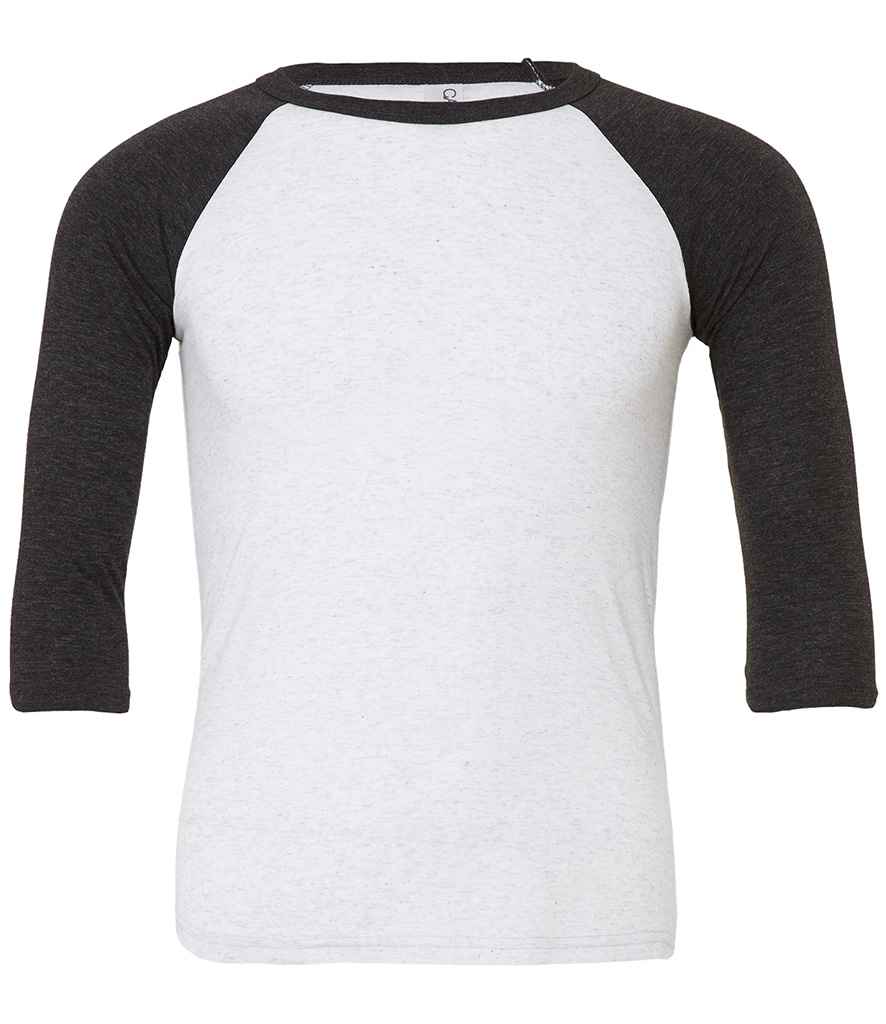 Canvas Unisex 3/4 Sleeve Baseball T-Shirt in White Fleck Charcoal Black Tri-Blend by Bella+Canvas — Custom branded clothing by Print Press, featuring premium embroidery produced in our specialist print lab in the UK.