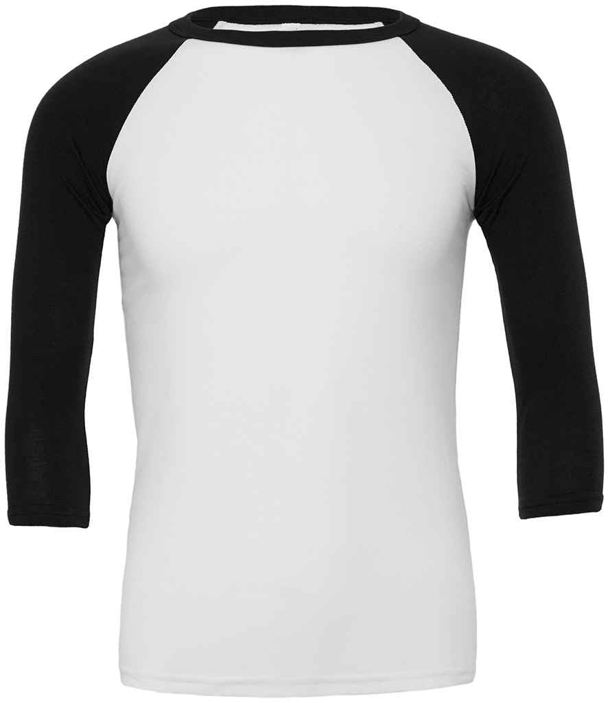 Canvas Unisex 3/4 Sleeve Baseball T-Shirt in White Black by Bella+Canvas — Custom branded clothing by Print Press, featuring premium embroidery produced in our specialist print lab in the UK.