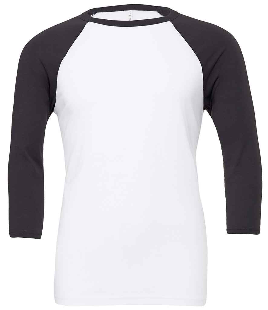 Canvas Unisex 3/4 Sleeve Baseball T-Shirt in White Dark Grey by Bella+Canvas — Custom branded clothing by Print Press, featuring premium embroidery produced in our specialist print lab in the UK.