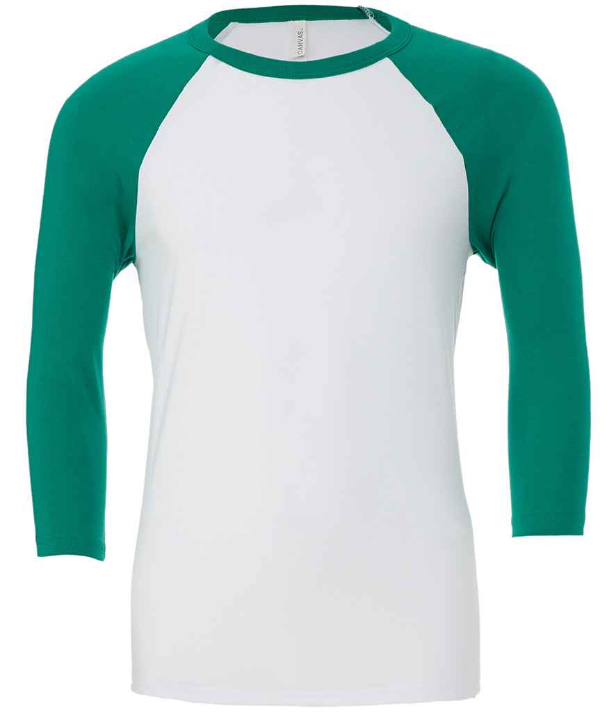 Canvas Unisex 3/4 Sleeve Baseball T-Shirt in White Kelly Green by Bella+Canvas — Custom branded clothing by Print Press, featuring premium embroidery produced in our specialist print lab in the UK.