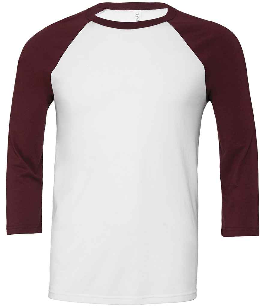 Canvas Unisex 3/4 Sleeve Baseball T-Shirt in White Maroon by Bella+Canvas — Custom branded clothing by Print Press, featuring premium embroidery produced in our specialist print lab in the UK.