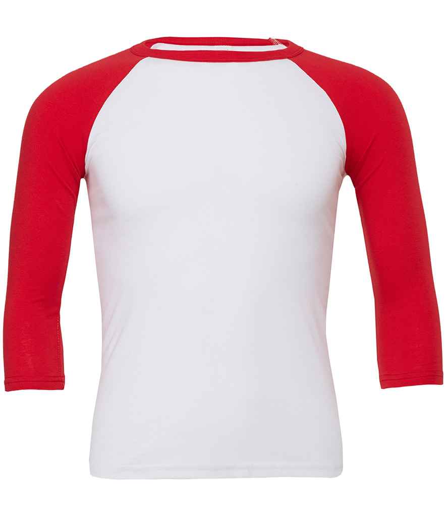 Canvas Unisex 3/4 Sleeve Baseball T-Shirt in White Red by Bella+Canvas — Custom branded clothing by Print Press, featuring premium embroidery produced in our specialist print lab in the UK.