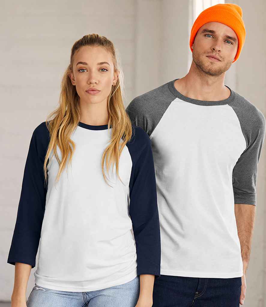 Canvas Unisex 3/4 Sleeve Baseball T-Shirt in White Navy by Bella+Canvas — Custom branded clothing by Print Press, featuring premium embroidery produced in our specialist print lab in the UK.