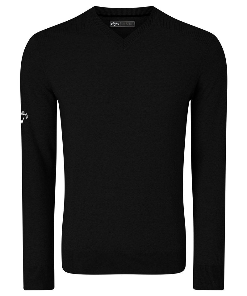 Ribbed V-Neck Merino Sweater in Black Onyx by Callaway — Custom branded clothing by Print Press, featuring premium embroidery produced in our specialist print lab in the UK.
