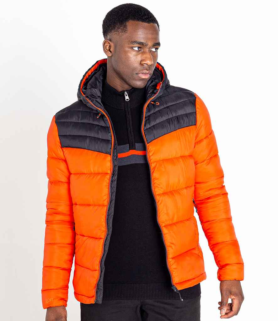 Dare 2b Hot Shot Hooded Baffle Jacket in Amber Glow Black by Dare 2b — Custom branded clothing by Print Press, featuring premium embroidery produced in our specialist print lab in the UK.