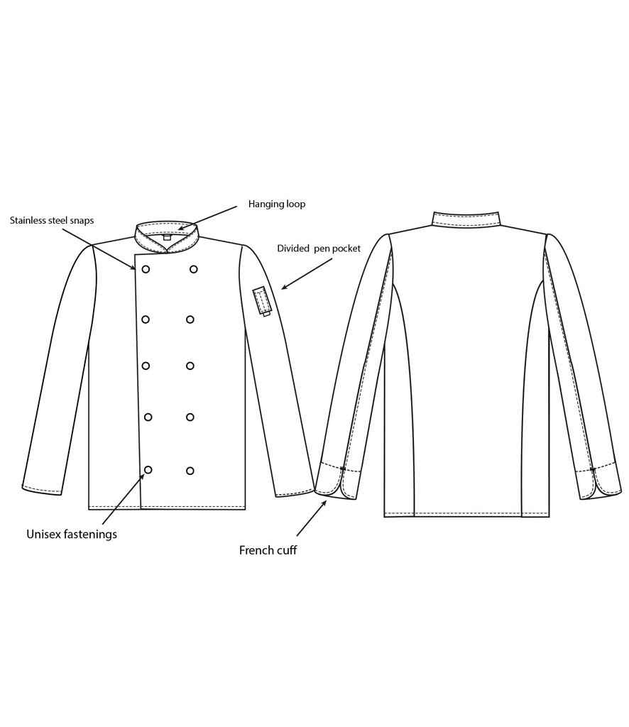 Dennys Long Sleeve Press Stud Chef's Jacket in by Dennys — Custom branded clothing by Print Press, featuring premium embroidery produced in our specialist print lab in the UK.