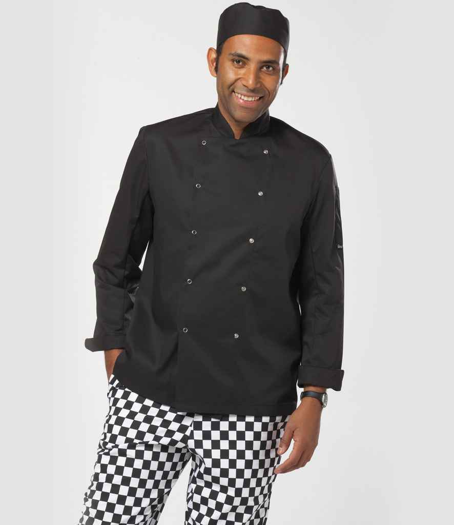 Dennys Long Sleeve Press Stud Chef's Jacket in Black by Dennys — Custom branded clothing by Print Press, featuring premium embroidery produced in our specialist print lab in the UK.