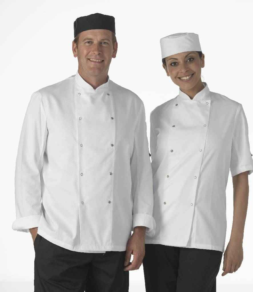 Dennys Long Sleeve Press Stud Chef's Jacket in White by Dennys — Custom branded clothing by Print Press, featuring premium embroidery produced in our specialist print lab in the UK.