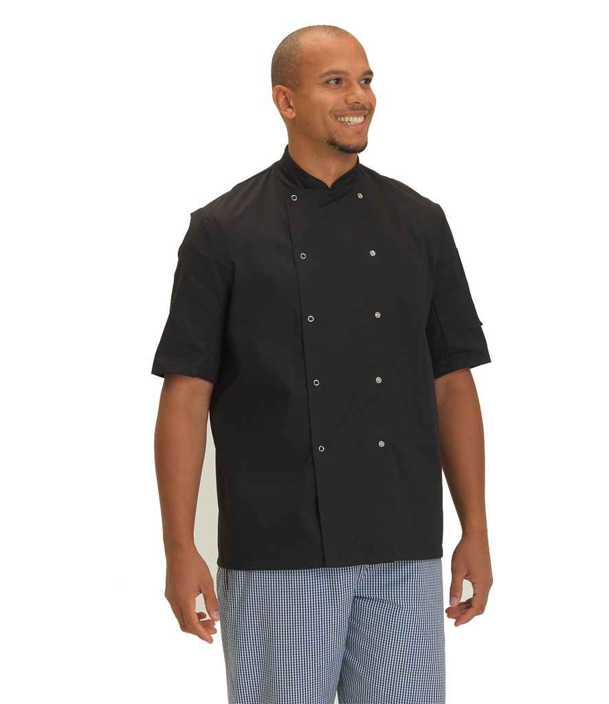 Dennys Short Sleeve Press Stud Chef's Jacket in Black by Dennys — Custom branded clothing by Print Press, featuring premium embroidery produced in our specialist print lab in the UK.