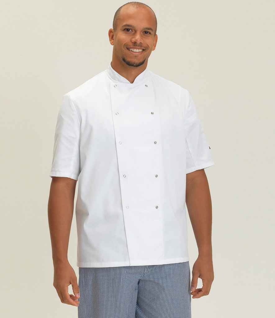 Dennys Short Sleeve Press Stud Chef's Jacket in White by Dennys — Custom branded clothing by Print Press, featuring premium embroidery produced in our specialist print lab in the UK.