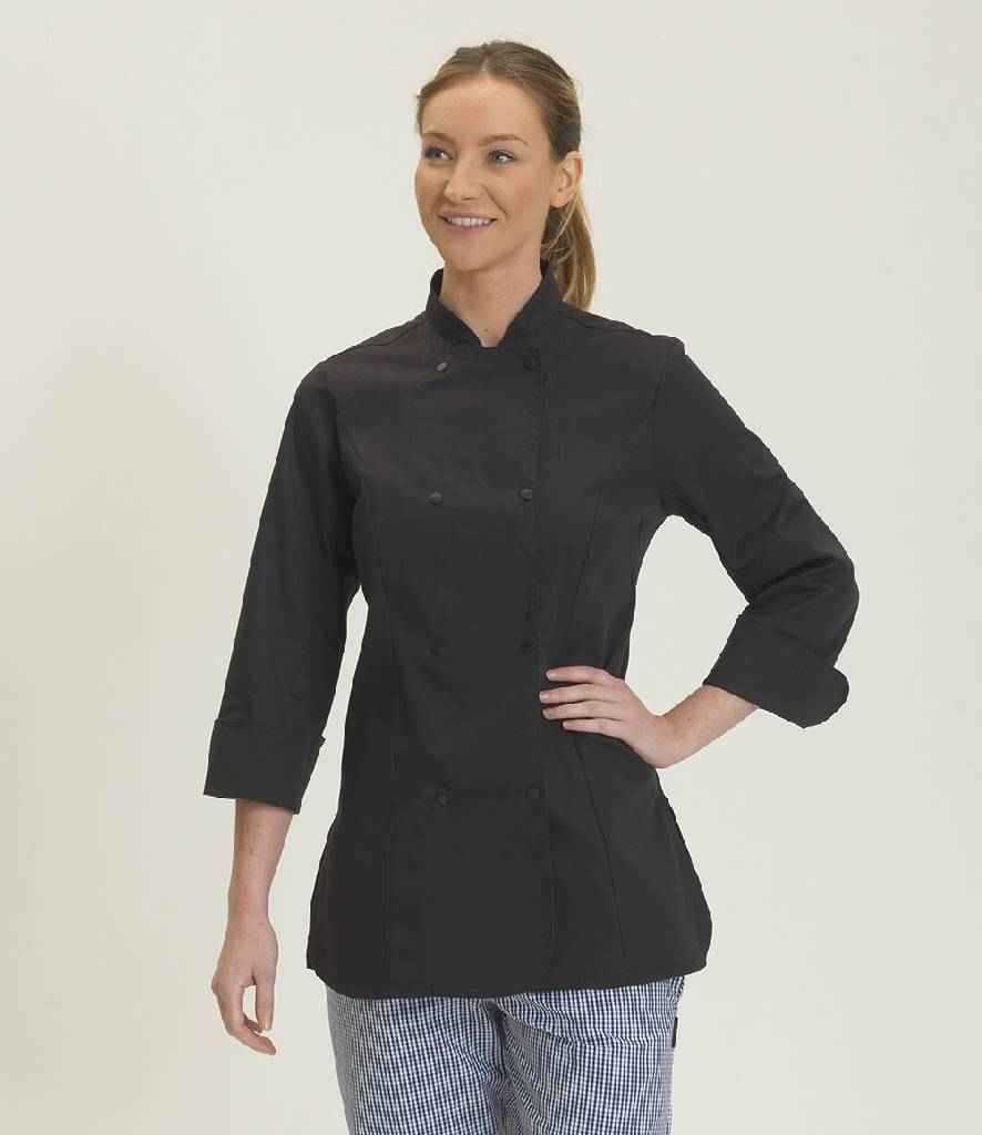 Dennys Ladies Long Sleeve Premium Chef's Jacket in Black by Dennys — Custom branded clothing by Print Press, featuring premium embroidery produced in our specialist print lab in the UK.