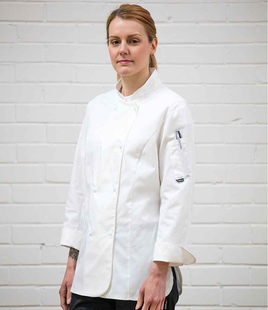 Dennys Ladies Long Sleeve Premium Chef's Jacket in White by Dennys — Custom branded clothing by Print Press, featuring premium embroidery produced in our specialist print lab in the UK.