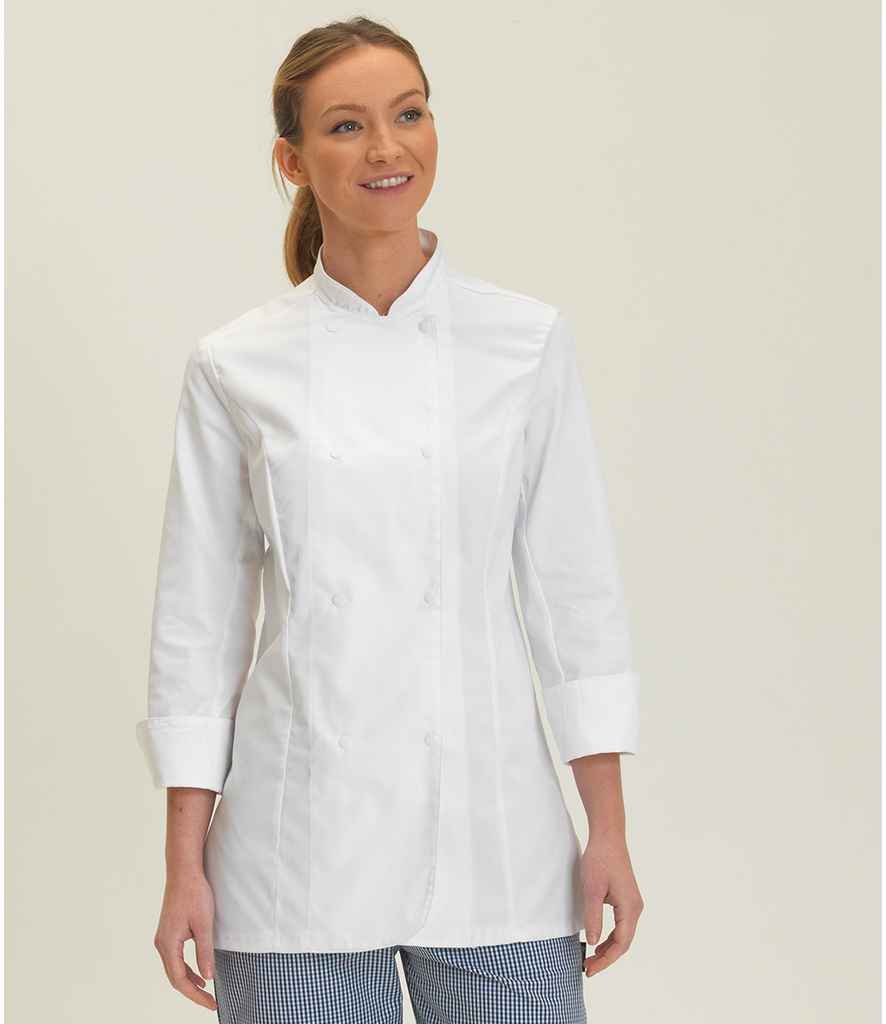 Dennys Ladies Long Sleeve Premium Chef's Jacket in by Dennys — Custom branded clothing by Print Press, featuring premium embroidery produced in our specialist print lab in the UK.